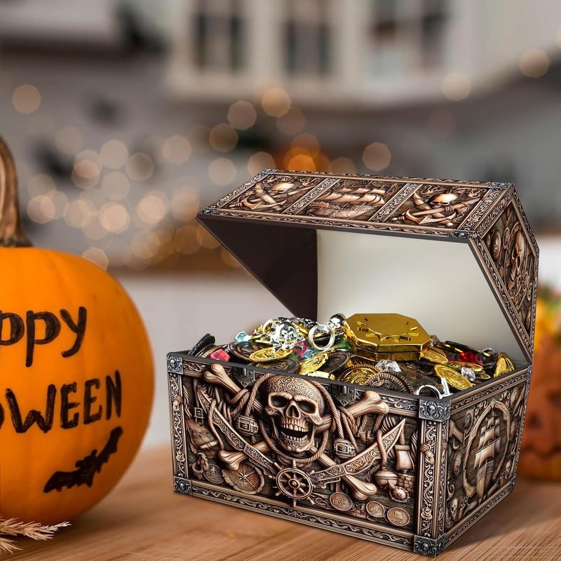 PETCEE Pirate Treasure Chest & Skull Box - Large 9"x 9.3"x 8" Cardboard Classroom Storage for Kids Prizes Reusable Treasure Chest for Classroom Rewards Pirate Party Decor Toys Keepsake Organizer - Image 2